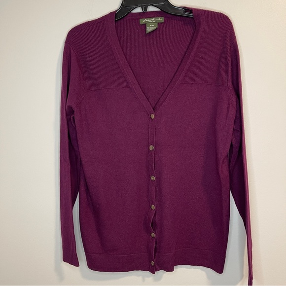 Eddie Bauer Cardigan Lambswool blend Plum Purple XL EUC - Picture 1 of 5